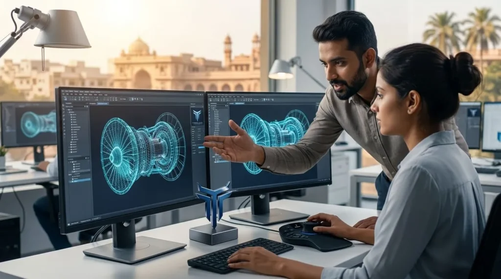 Animators reviewing turbine model
