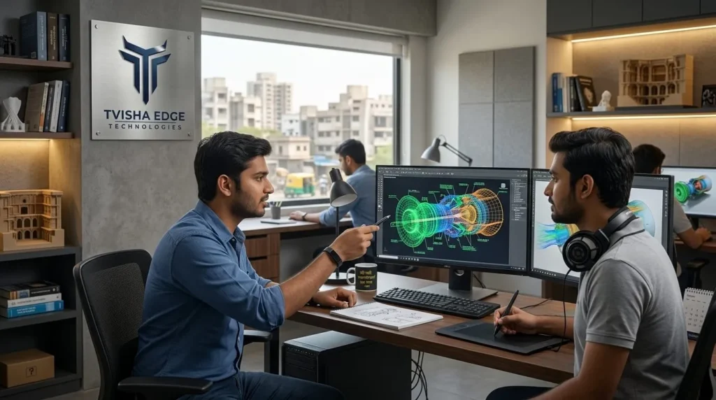 Animators reviewing turbine model