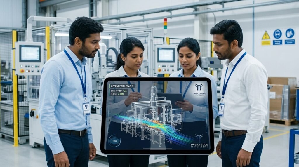 Engineers looking at iPad animation