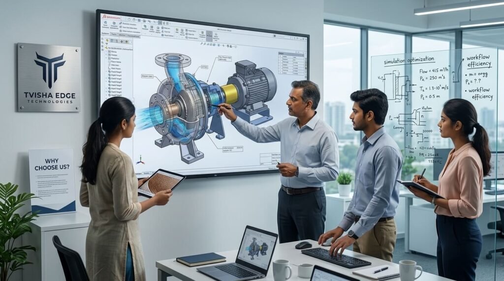 Team reviewing pump assembly