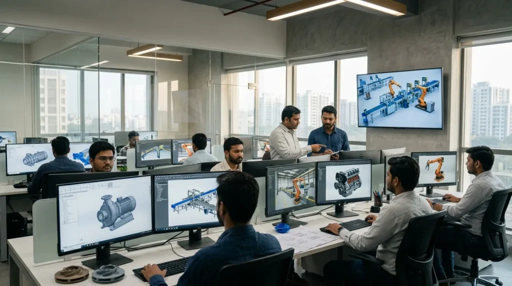 Indian animators reviewing CAD model