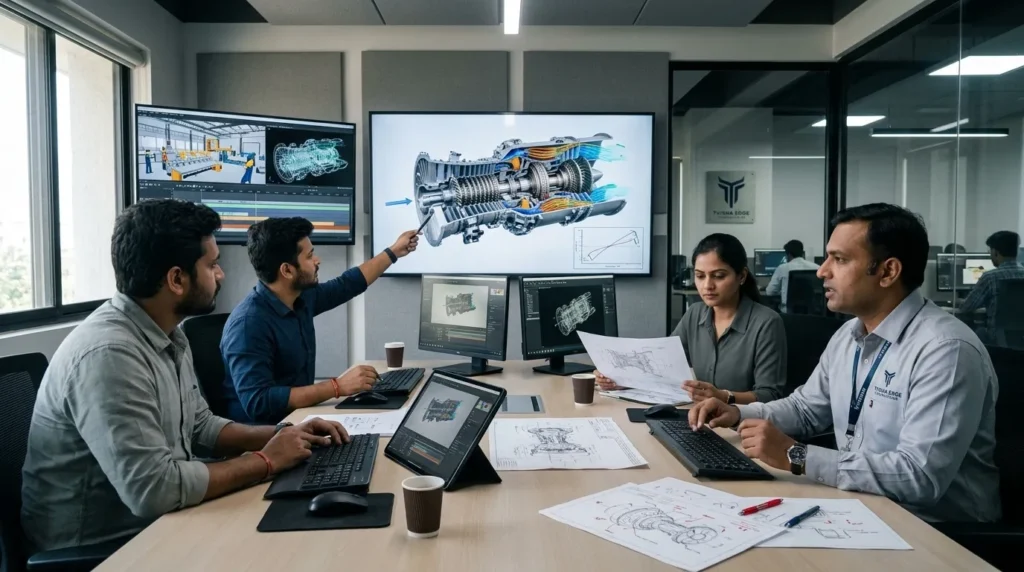 Team reviewing 3D industrial models