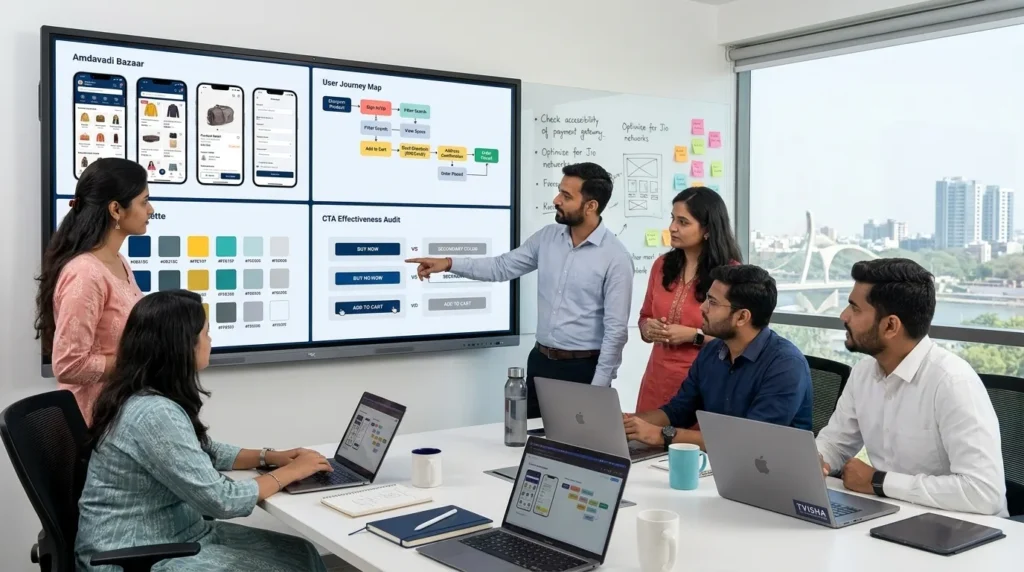 Team reviewing mobile website