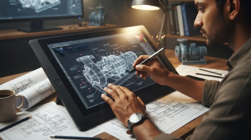 3d artist designing industrial machine wireframe with graphics tablet