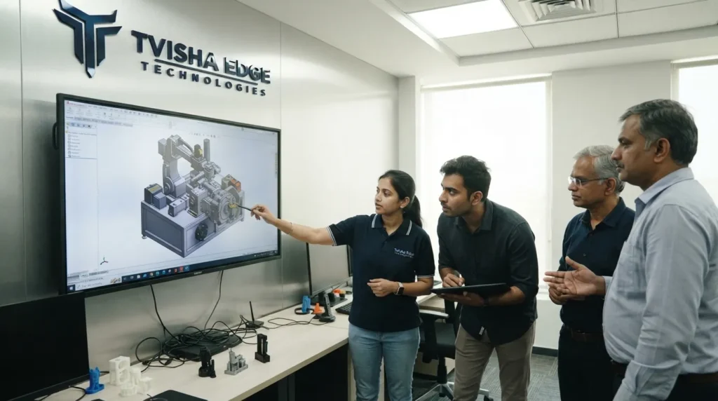 indian team reviewing industrial 3d machine model